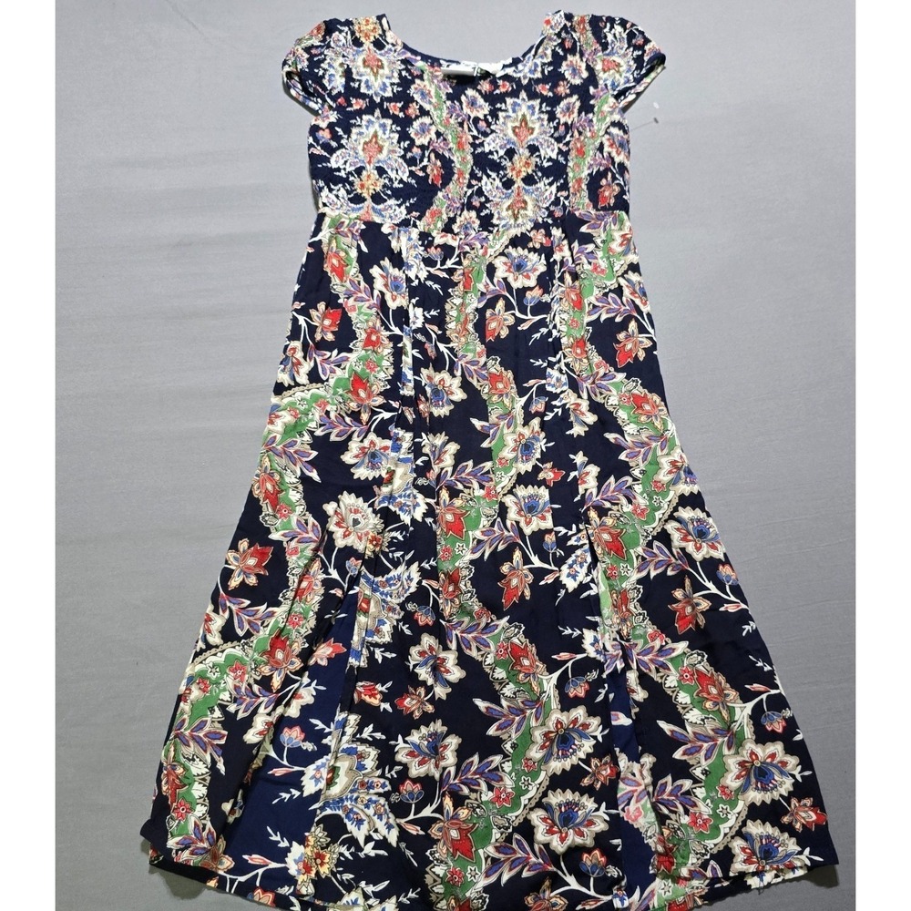 Take Two Clothing Co Floral Paisley Smocked Dress Womens M Navy Blue Boho Midi